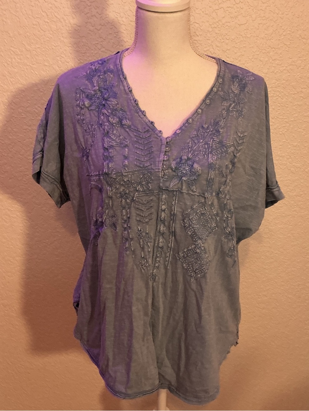 Caite Embroidered V-Neck Women’s Top in Slate Blue (B6)